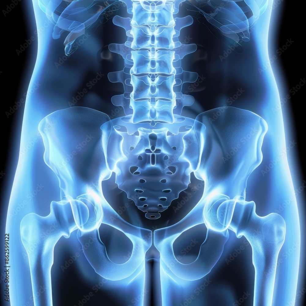 X-ray image of the human pelvis and lower spine, showing the bones and ...