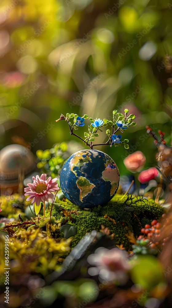 A miniature globe sits on a mossy ground A miniature globe sits on a mossy ground