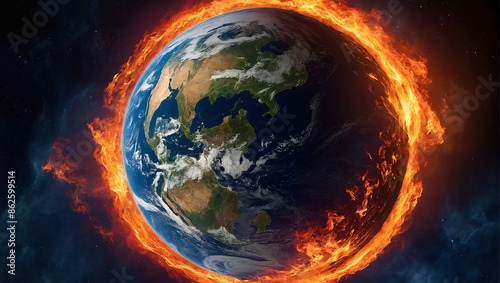 The entire Earth encircled by fire, emphasizing the global scale of climate change