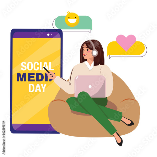 Social Media Day concept illustration with a young sitting woman wearing a headphone and using phone and laptop
