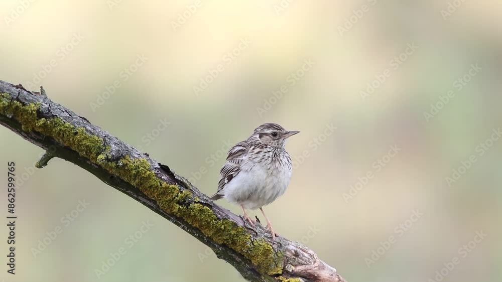 Woodlark, Lullula arborea. A bird sits on a beautiful branch on a flat background and sings