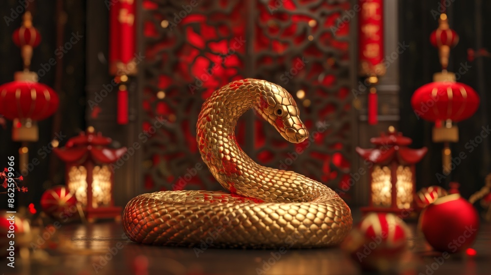 A golden snake figurine among red lanterns, symbolizing Chinese New Year celebration.