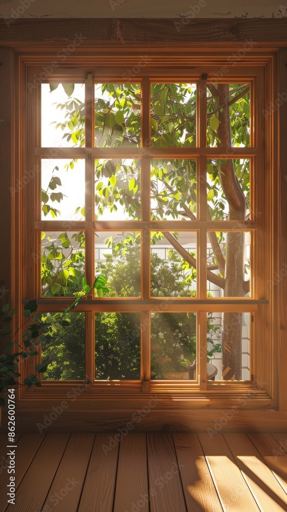 Fototapeta premium Sunlit wooden window with view of green trees and foliage, cozy indoor nature view concept