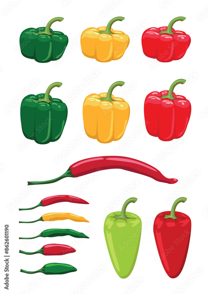 A set of bell and hot peppers of different colors and shapes. Growing vegetables. Organic gardening and food. Vegetarianism and healthy eating. Vector illustration isolated on white background. A set of bell and hot peppers of different colors and shapes. Growing vegetables. Organic gardening and food. Vegetarianism and healthy eating. Vector illustration isolated on white background.