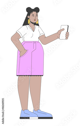 Curvy hispanic woman taking photo with phone 2D linear cartoon character. Plus sized latina girl with smartphone isolated line vector person white background. Modern life color flat spot illustration