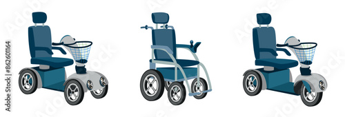 Set of three wheelchairs with electric motor. Rehabilitation and adaptation of people with disabilities. Vector illustration on a white background.