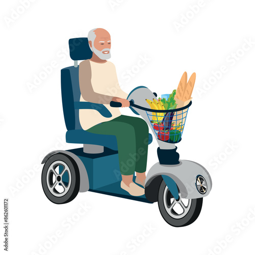 Happy elderly man in a motorized wheelchair rides with groceries from the store. Rehabilitation and adaptation of people with disabilities. Vector illustration on a white background.