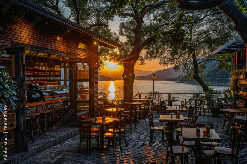 A restaurant patio with tables and chairs, and a view of the water A restaurant patio with tables and chairs, and a view of the water