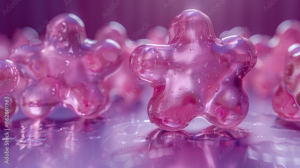 Closeup of Shiny Pink Star-Shaped Objects on Purple Surface Closeup of Shiny Pink Star-Shaped Objects on Purple Surface