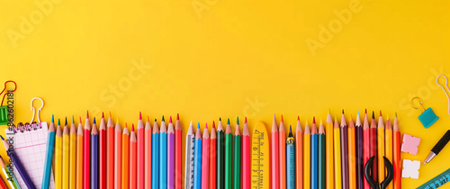 A vibrant yellow background adorned with various school supplies, including scissors, pencils, and paper clips. Perfect for educational themes and back-to-school concepts