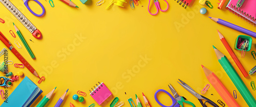 A vibrant yellow background adorned with various school supplies, including scissors, pencils, and paper clips. Perfect for educational themes and back-to-school concepts