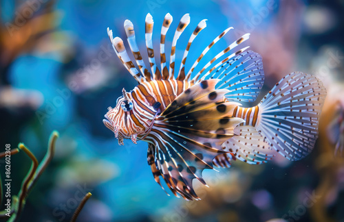 A lionfish is swimming in the ocean, with its distinctive spines and flowing fins. © Kien