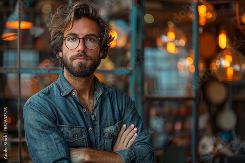 Man with tousled hair and glasses standing confidently with arms crossed in a cozy, warmly lit workshop, wearing a denim shirt and exuding a creative vibe.