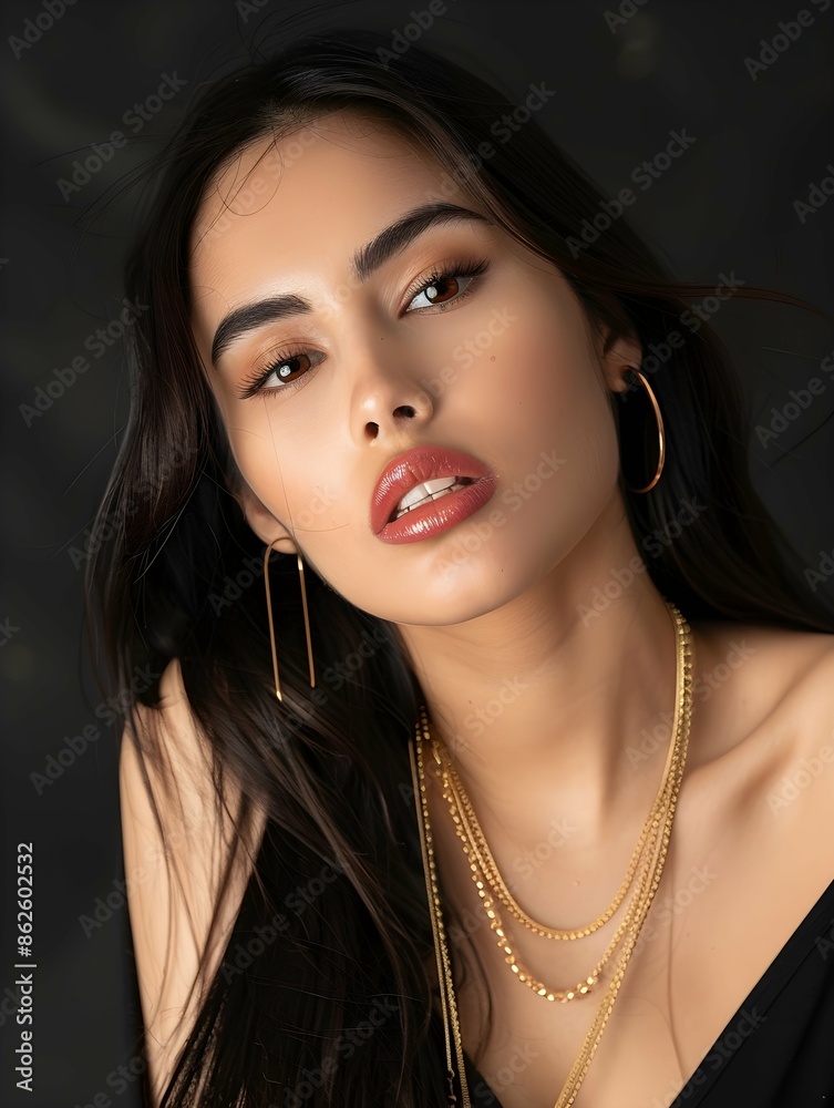 Beautiful model brunette in modern gold metal necklace chain Beautiful model brunette in modern gold metal necklace chain