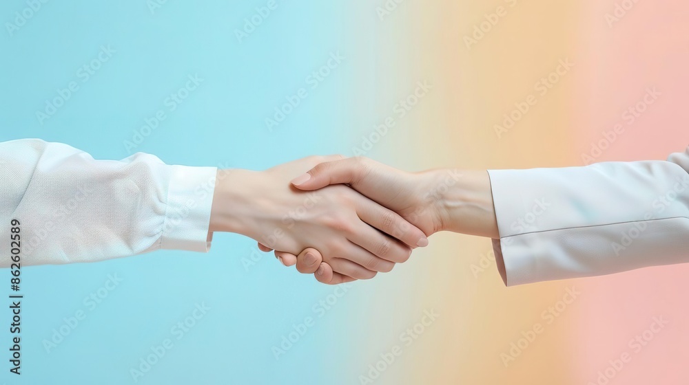 Handshake between human and AI, tech innovation setting, close-up, collaboration with AGI, future progress isolated on soft plain pastel solid background Handshake between human and AI, tech innovation setting, close-up, collaboration with AGI, future progress isolated on soft plain pastel solid background