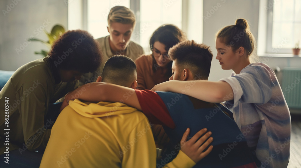 Group of people embracing in a supportive group session. Group of people embracing in a supportive group session.