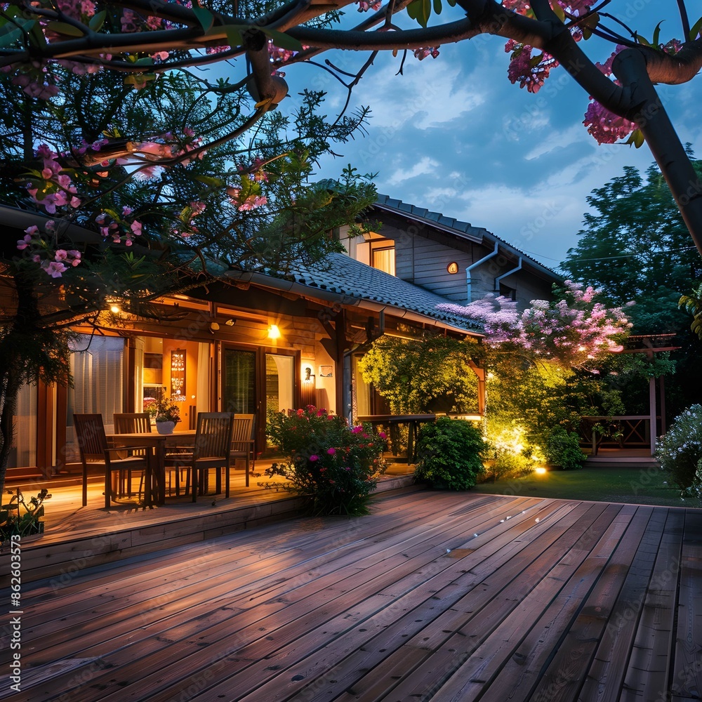 beautifully lit exterior of traditional house with wooden terrace and blooming crape myrtle in summer garden at night beautifully lit exterior of traditional house with wooden terrace and blooming crape myrtle in summer garden at night