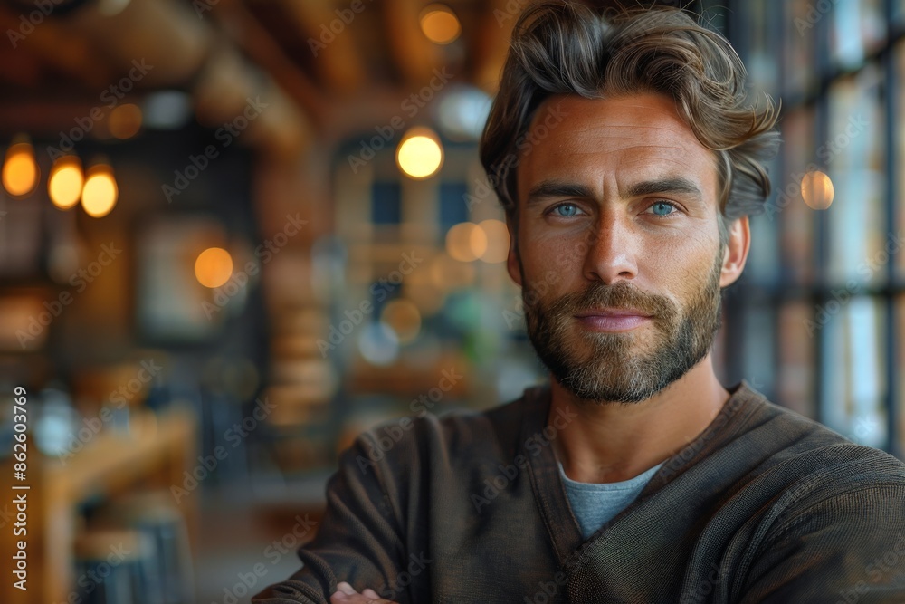 Obraz premium A handsome man with striking blue eyes stands with a serious expression in a rustic indoor setting, surrounded by warm lighting and a blurred background giving depth.