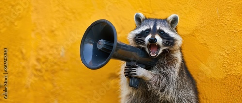 A raccoon chattering into a black megaphone, set against a bright yellow backdrop photo