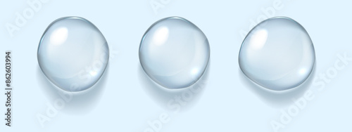 Realistic vector transparent water drops. Premium quality translucent liquid droplet set with beautiful shadows. Freshwater cool icons isolated on transparent background