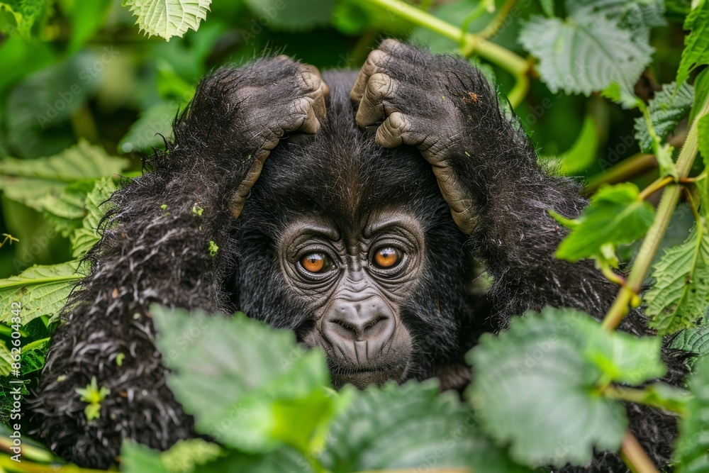 Obraz premium Uganda is home to the mountain gorilla. Baby gorilla in the forest. Young gorilla in the habitat. The mountain gorillas are found in Kenya.