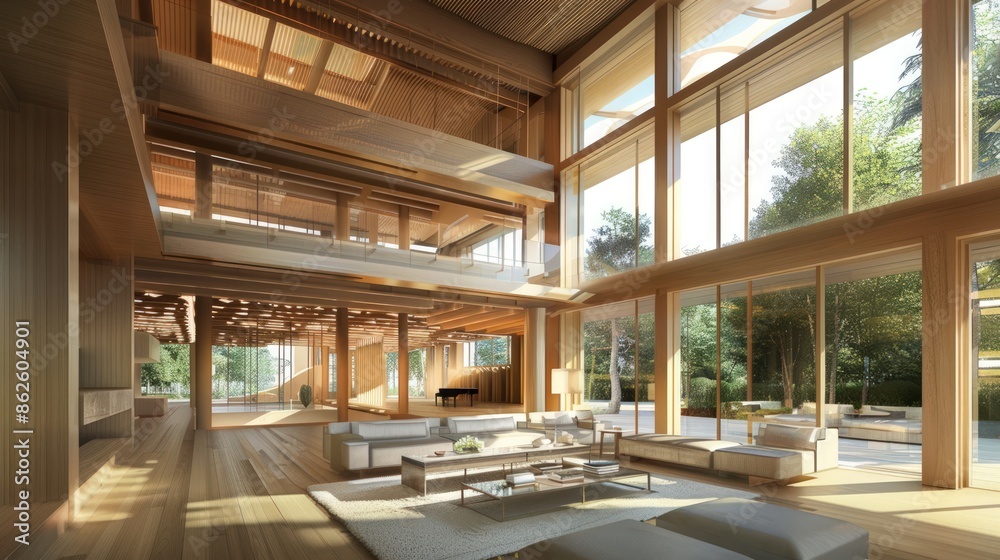 Fototapeta premium Modern Wooden House Interior Design with Large Windows