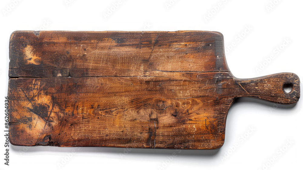 Fototapeta premium Rustic wooden cutting board with a handle. It's old, thick, and has cracks and scratches that make it look worn and used.