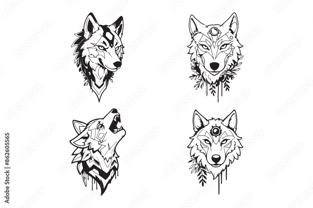 Fototapeta premium Black and white wolf vector illustration logo set