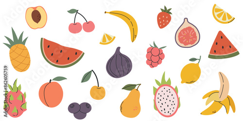 Set of different fruits and berries, collection of organic vitamins and healthy nutrition, watermelon, banana, peach