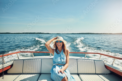 Fotografi Relax, travel or happy woman on boat on ocean for outdoor vacation or holiday on summer adventure