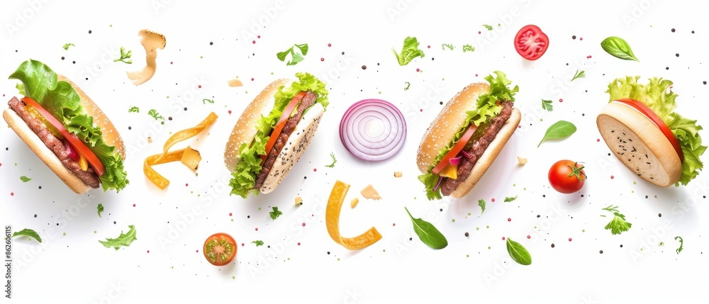 Burger Ingredients Floating Against White Background Burger Ingredients Floating Against White Background