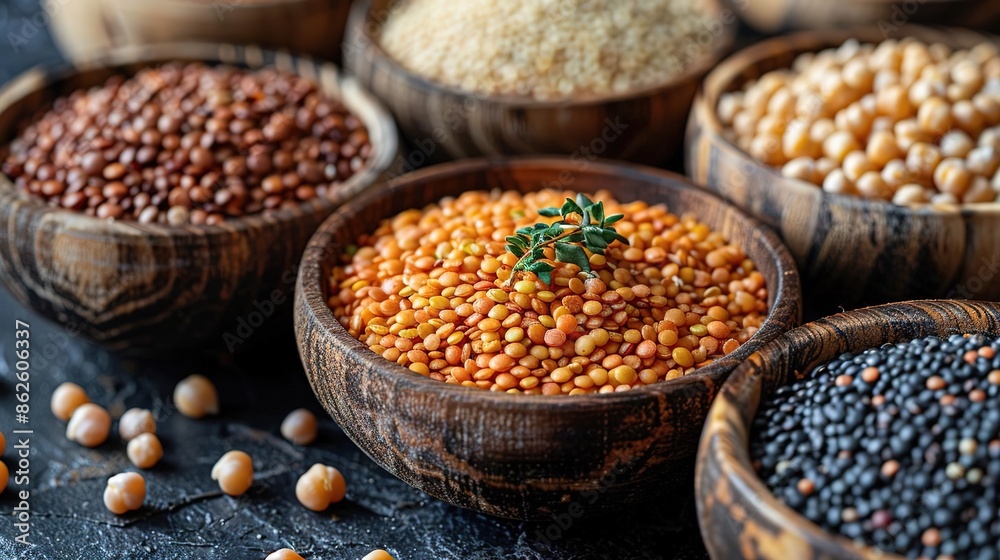 Assortment of various legumes in wooden bowls on a rustic wooden background. Assortment of various legumes in wooden bowls on a rustic wooden background.