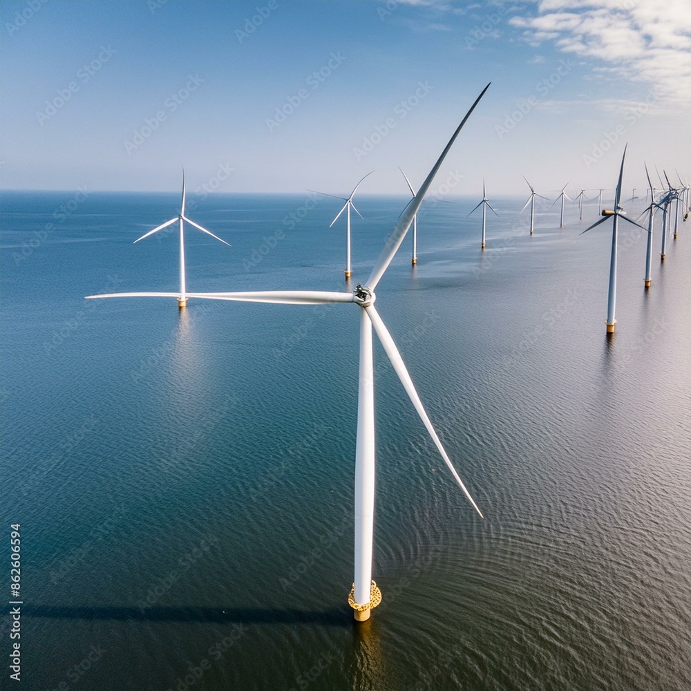 Offshore wind turbines farm on the ocean. Sustainable energy production, clean power. Closeup Offshore wind turbines farm on the ocean. Sustainable energy production, clean power. Closeup