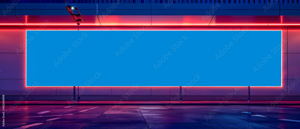 A large empty blue billboard with red lights on it, at night in the city