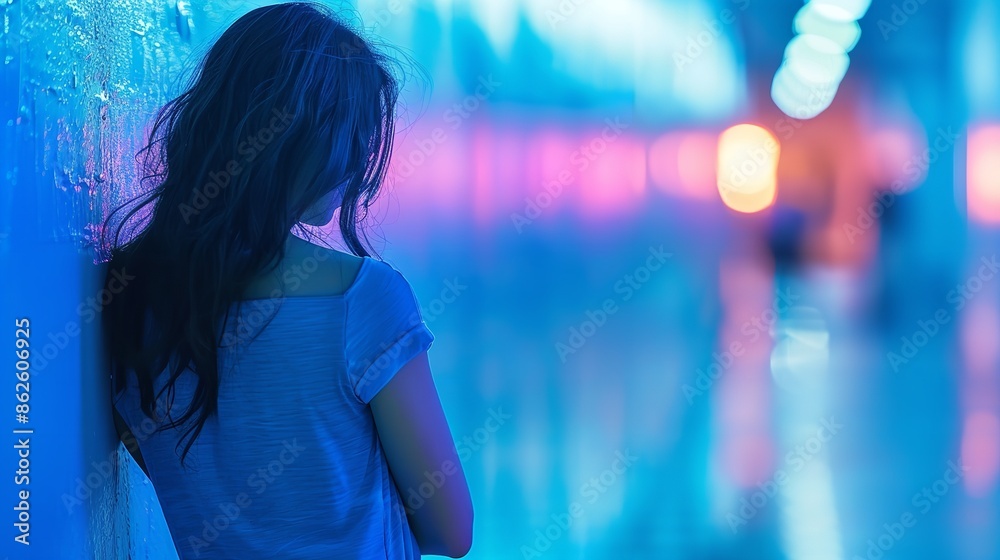 A woman stands alone in a city street at night, bathed in blue and pink neon lights A woman stands alone in a city street at night, bathed in blue and pink neon lights
