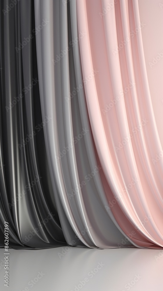 A simple, elegant studio backdrop featuring metallic silver, blush pink, and charcoal gray curtains A simple, elegant studio backdrop featuring metallic silver, blush pink, and charcoal gray curtains