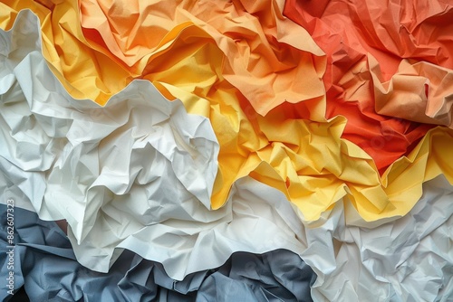 abstract paper art fanned arrangement of crumpled sheets multicolored palette textural details interplay of light and shadow minimalist sculptural composition photo