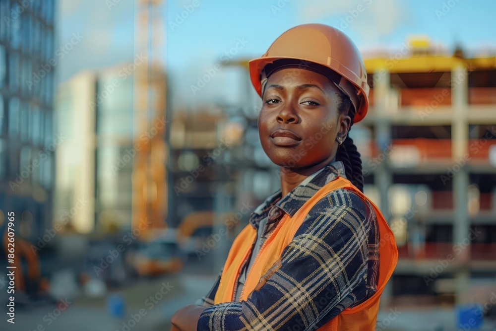 african american female construction worker confident pose urban building site backdrop african american female construction worker confident pose urban building site backdrop