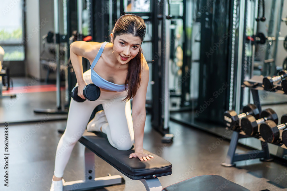 Fitness young asian woman lifting dumbbell in the gym. Morning exercise, Slim young beautiful girl warming up with weights in health club. Fitness young asian woman lifting dumbbell in the gym. Morning exercise, Slim young beautiful girl warming up with weights in health club.