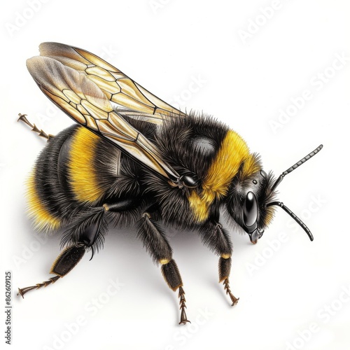 bumblebee drawing in black and yellow, realistic style but not too many details, pencil drawing on white background , position of bee landing on the ground  © Marcos