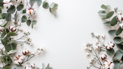 Floral arrangement with eucalyptus and cotton on white backdrop viewed from above with space for text