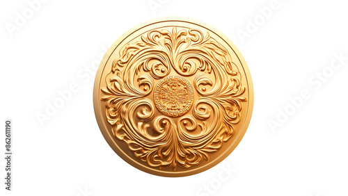 Golden coin cutout. Isolated vintage coin on transparent background