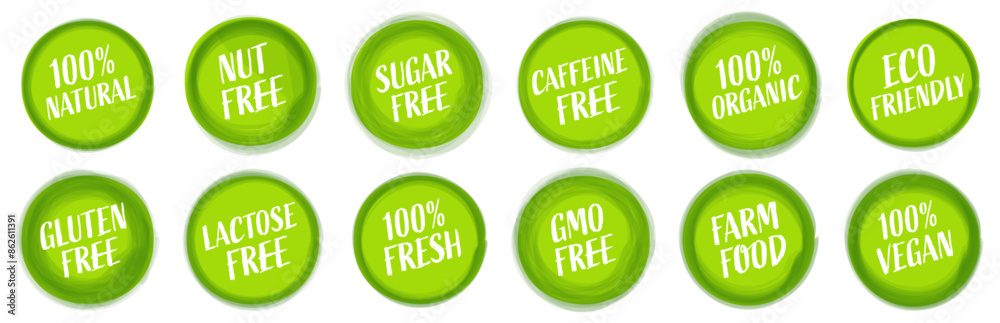Green circle collection for healthy product. Ingredient free emblems. Set of healthy product labels in green