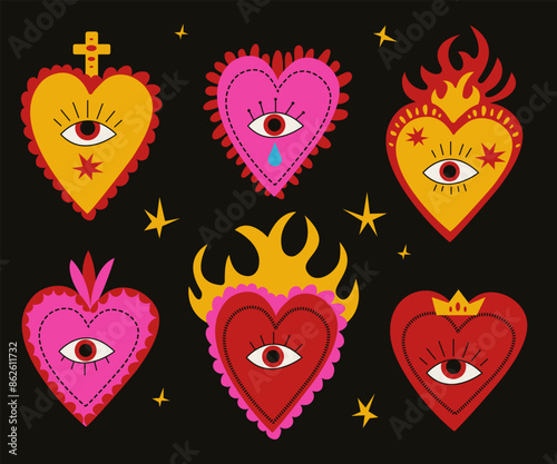 Set of mexican sacred heart shape with eye. Contemporary illustration sticker in naive bohemian style.