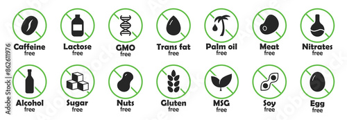 Natural product label collection. Allergen free label collection for food and drinks. Without certain ingredients products stickers