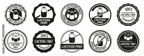 Lactose free stamp collection. Set of black lactose free label for diet. Lactose free badges