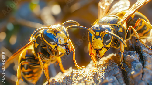 Close-up of Two Yellowjackets on Branch photo