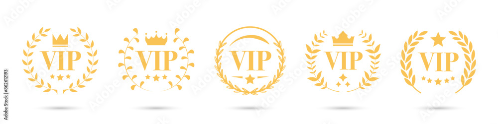 VIP label collection with laurel wreath, crown and stars. Luxury VIP emblem icons. Set of VIP user and premium member pass VIP label collection with laurel wreath, crown and stars. Luxury VIP emblem icons. Set of VIP user and premium member pass