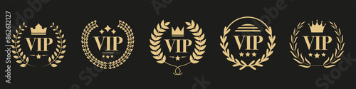 VIP label collection with laurel wreath, crown and stars. Luxury VIP emblem icons. Set of VIP user and premium member pass