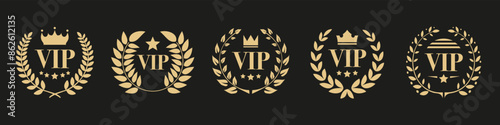 VIP label collection with laurel wreath, crown and stars. Luxury VIP emblem icons. Set of VIP user and premium member pass